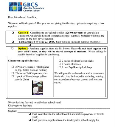 Kindergarten Supply List 23-24
