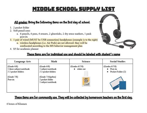 Middle School Supplies 23-24