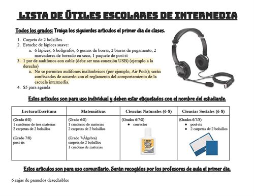 Middle School Supplies 23-24 Spanish