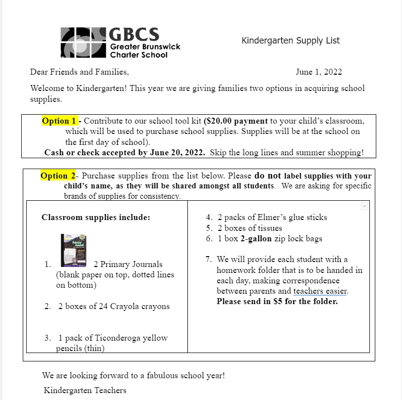 Kinder supply list