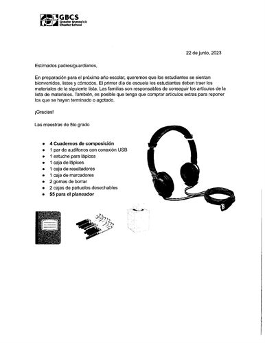 5th Grade Supplies 23-24 SPA